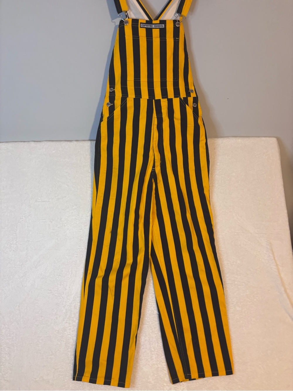 Game Bibs Striped Yellow & Black Unisex Wide-Leg Overalls Game Day Size Small - Picture 2 of 11